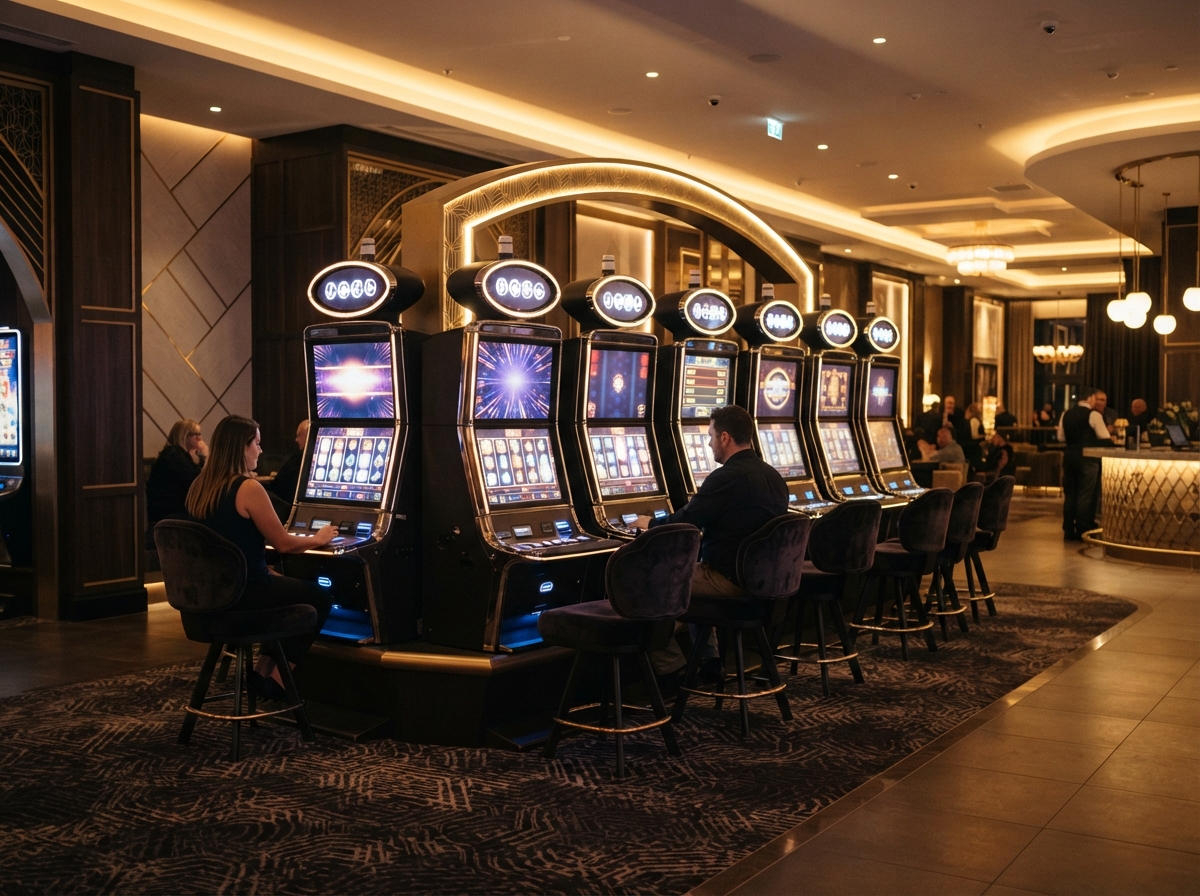 Linked gaming machines in a premium physical hall